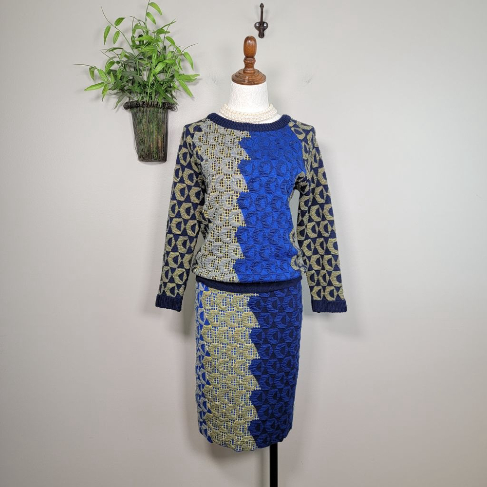 Kerisma Knit Crew Neck Sweater Pencil Midi Skirt Matching Set Blue Geometric S